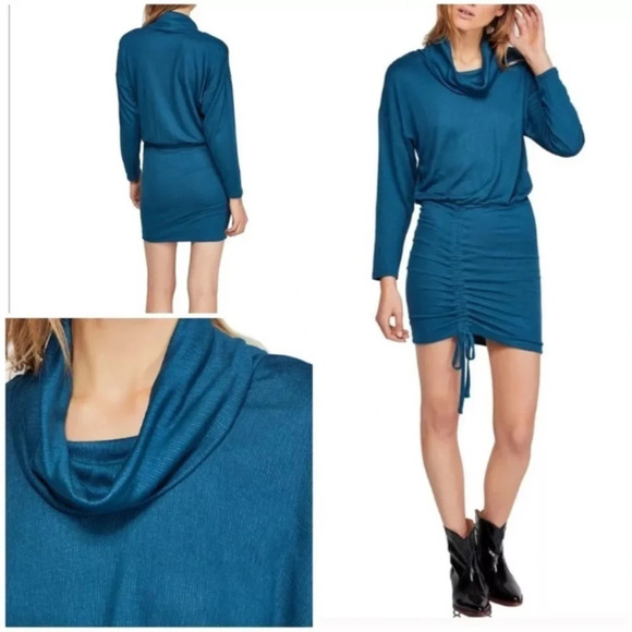 NWT Free People Sundown Mini Ruched Knit sweater Dress cowl neck 0B890369 green - Picture 1 of 7